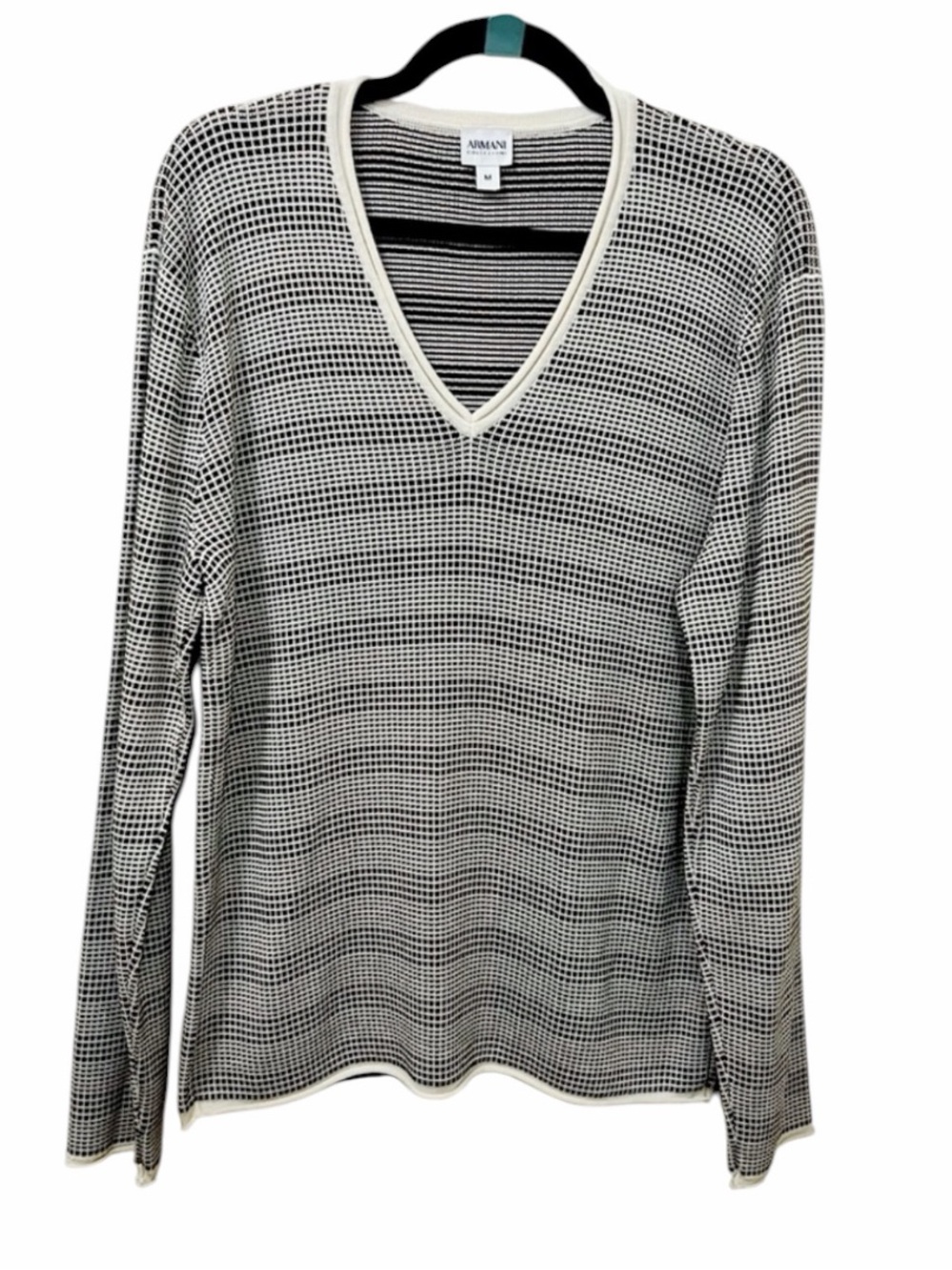 Armani Collezioni Men’s Deep V Sweater, Sz Medium Ivory/Brown, Silk/Cotton